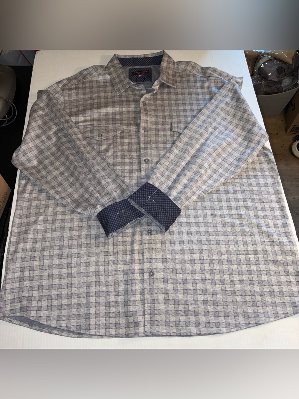 Johnston & Murphy Men's 2XL XXL Blue and Gray Plaid Button-Down Shirt